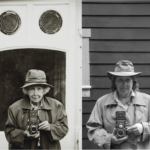 side by side black and white images of Valerie Finnis and the author, each holding rolleiflex cameras